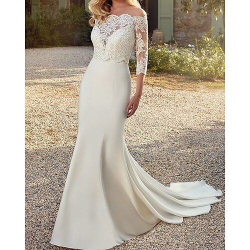 Mermaid / Trumpet Wedding Dresses V Neck Sweep / Brush Train Satin Lace Sleeveless Romantic Simple with Appliques 2022
Mermaid / Trumpet Wedding Dresses V Neck Sweep / Brush Train Satin Lace Sleeveless Romantic Simple with Appliques 2022