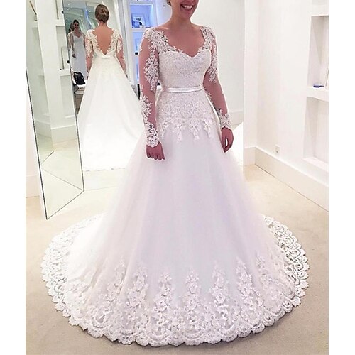 Princess A-Line Wedding Dresses V Neck Sweep / Brush Train Lace Tulle Long Sleeve Formal Romantic Luxurious with Bow(s) Appliques 2022
Princess A-Line Wedding Dresses V Neck Sweep / Brush Train Lace Tulle Long Sleeve Formal Romantic Luxurious with Bow(s) Appliques 2022