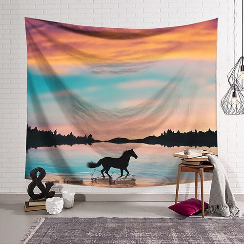 

Wall Tapestry Art Decor Blanket Curtain Hanging Home Bedroom Living Room Decoration Polyester Sunset Clouds Horse Lake Water Running