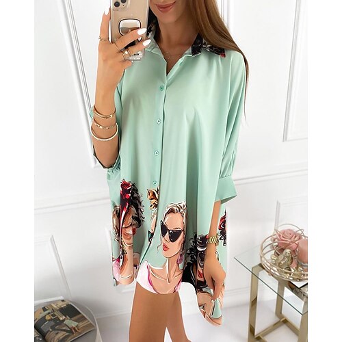 Women's Blouse Shirt Green Blue Beige Abstract Portrait Button Print 3/4 Length Sleeve Daily Weekend Streetwear Casual Shirt Collar Long Portrait S
Women's Blouse Shirt Green Blue Beige Abstract Portrait Button Print 3/4 Length Sleeve Daily Weekend Streetwear Casual Shirt Collar Long Portrait S
