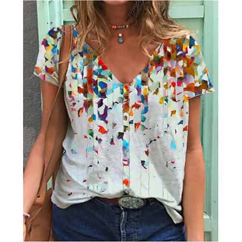 Women's T shirt Tee White Geometric Short Sleeve Home Daily Basic V Neck Regular Loose Fit S / 3D Print
Women's T shirt Tee White Geometric Short Sleeve Home Daily Basic V Neck Regular Loose Fit S / 3D Print