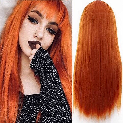 

Synthetic Wig Natural Straight Neat Bang Wig Medium Length Orange Synthetic Hair Women's Cosplay Party Fashion Orange