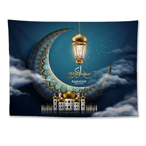 

Eid Mubarak Islamic Muslim Ramadan Wall Tapestry Art Decor Blanket Curtain Hanging Home Bedroom Living Room Decoration Polyester Moon Lantern Cloud