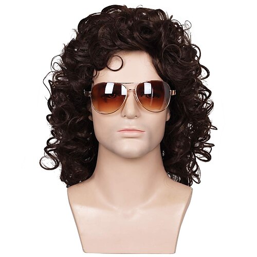 

70s 80s costume wig rock wig Synthetic Wig Curly Layered Haircut Wig Short Brown Synthetic Hair Men's Cosplay Party Fashion Brown (Only Wig Without Glasses)