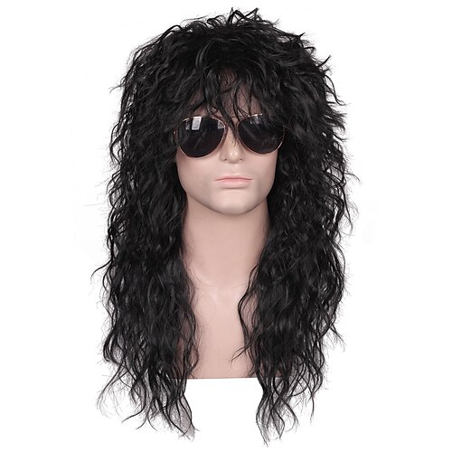 

Mullet Wig Synthetic Wig Curly Neat Bang Wig Medium Length Black Synthetic Hair Men's Cosplay Party Fashion Black (Only Wig Without Glasses)