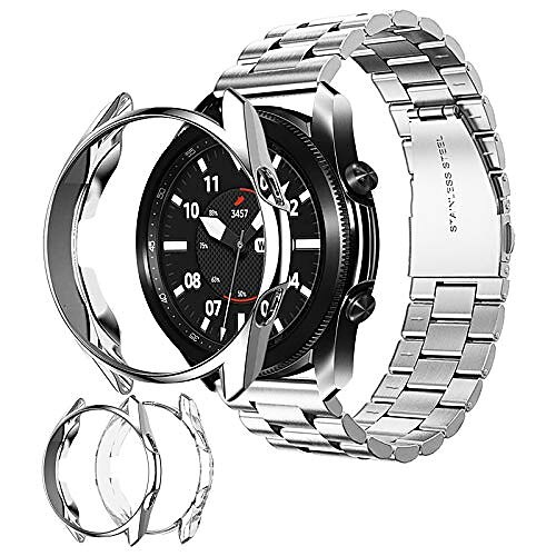 Smart watch band with case for samsung galaxy watch 3 45 mm band 2 pieces protective case, stainless steel-metal replacement strap for galaxy watch 3 bands 45 mm (silver 1 band 2 case )
Smart watch band with case for samsung galaxy watch 3 45 mm band 2 pieces protective case, stainless steel-metal replacement strap for galaxy watch 3 bands 45 mm (silver 1 band 2 case )