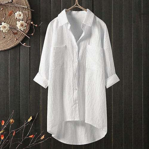 

Women's Shirt Blouse Solid Color Button Pocket Work Daily Streetwear Solid Casual 3/4 Length Sleeve Shirt Collar White Summer Spring