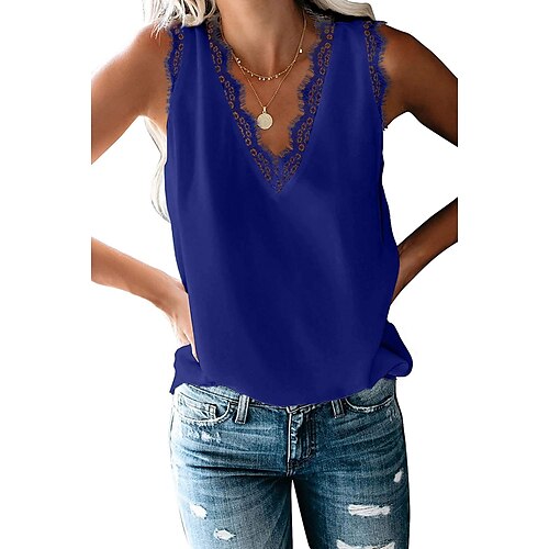 

Women's Blouse Tank Top T shirt Tee Vest Light Pink Lake blue Apricot Lace Sleeveless Daily Vacation Basic Lace Applique Edge Casual V Neck Regular Beach Theme S / Summer