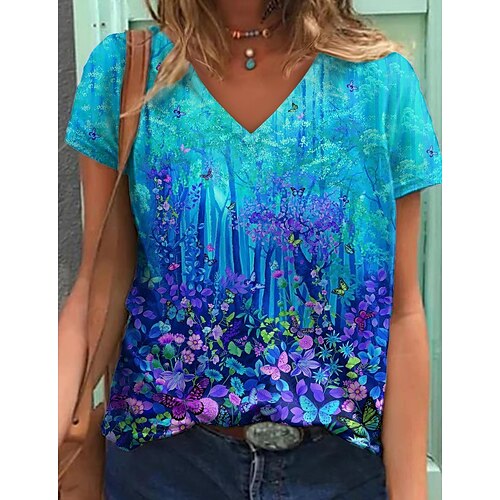 Dame T-shirt Blå Grafisk Blomstret Trykt mønster Kortærmet Daglig Weekend Basale V-hals Normal Blomster Tema Maleri S
Dame T-shirt Blå Grafisk Blomstret Trykt mønster Kortærmet Daglig Weekend Basale V-hals Normal Blomster Tema Maleri S