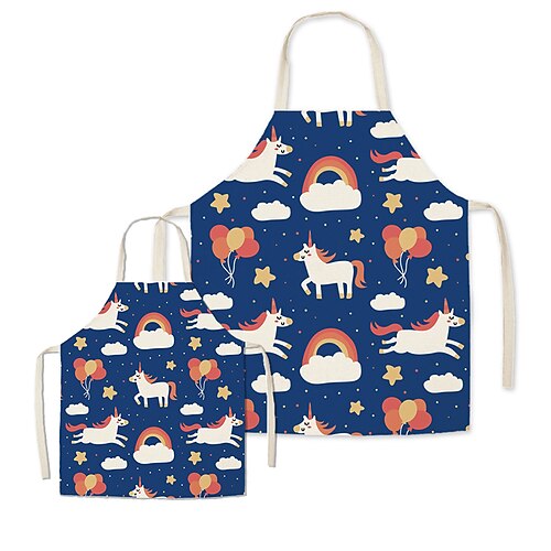 

Mommy and Me Cute Unicorn and Rainbow Print Apron Blue Casual Daily Family Photo Matching Outfits