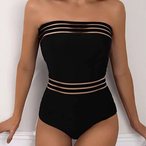 

Women's Swimwear One Piece Monokini Bathing Suits Normal Swimsuit Tummy Control Open Back Mesh Bandeau Solid Color Black Bandeau Padded Strapless Bathing Suits Sexy Fashion Sexy / New / Padded Bras