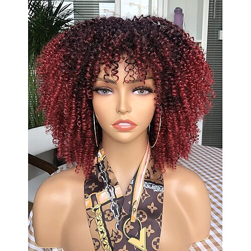 

Curly Afro Wig with Bangs for Black Women Short Kinky Curly Wig 14inch Synthetic Heat Resistant Brown Full Wigs ChristmasPartyWigs