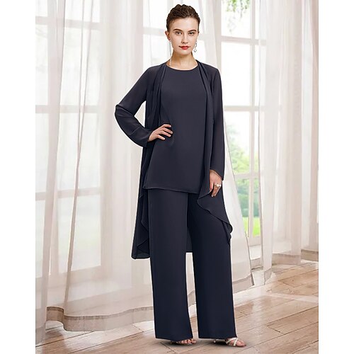 

Two Piece Pantsuit Mother of the Bride Dress Elegant Jewel Neck Floor Length Chiffon Long Sleeve with Ruching 2022