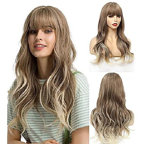 

22 inch long wavy brown ombre blonde wigs for women synthetic hair wigs with bangs heat resistant fiber wig natural daily party cosplay costume full wigs (22 inch brown blonde mixed)