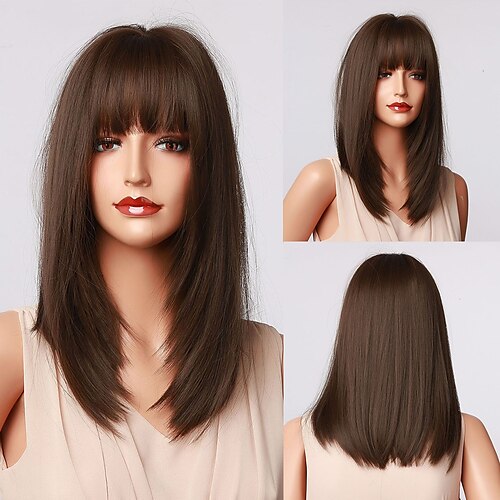 

Brown Wigs for Women Hair Cube Long Synthetic Bob Wigs with Bangs Straight Dark Brown Layered Wigs for Women Natural Cosplay Heat Resistant Wigs