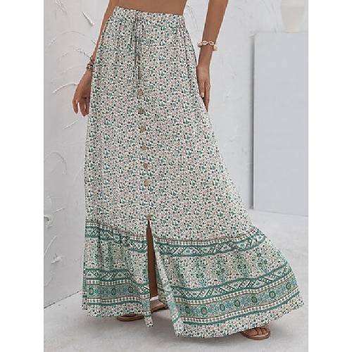 

Women's Bohemian Style Long Hippie Gypsy Boho Full Length Skirts Vacation Party / Cocktail Split High Waist Yellow Light Green Red S M L