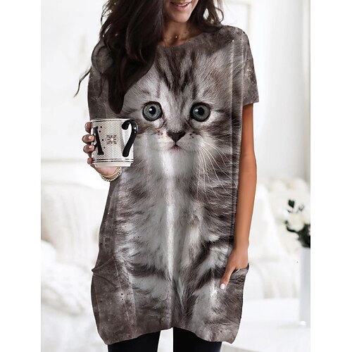 Women's T shirt Dress Tunic Shirts Tunic Brown Animal Cat Pocket Print Short Sleeve Daily Weekend Basic Round Neck Long 3D Cat Painting S
Women's T shirt Dress Tunic Shirts Tunic Brown Animal Cat Pocket Print Short Sleeve Daily Weekend Basic Round Neck Long 3D Cat Painting S