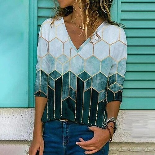 Women's T shirt Tee Green Beige Geometric Color Block Print Long Sleeve Daily Weekend Basic V Neck Regular Geometric Painting S / 3D Print
Women's T shirt Tee Green Beige Geometric Color Block Print Long Sleeve Daily Weekend Basic V Neck Regular Geometric Painting S / 3D Print