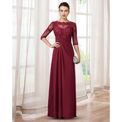

Sheath / Column Mother of the Bride Dress Elegant Jewel Neck Floor Length Chiffon Lace Half Sleeve with Appliques Ruching 2022