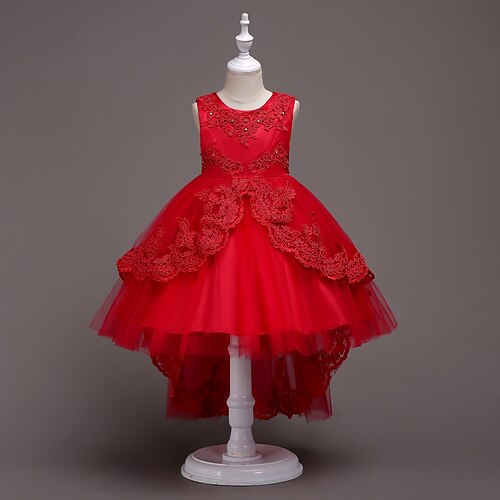 

Party Christmas Ball Gown Flower Girl Dresses Jewel Neck Asymmetrical Polyester Lace Spring Summer with Bow(s) Embroidery Cute Girls' Party Dress Fit 3-16 Years
