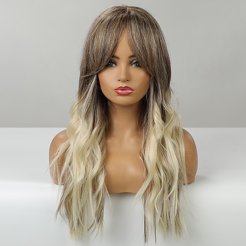 

Human Hair Blend Wig Long Body Wave Wavy Side Part Layered Haircut Asymmetrical With Bangs White Brown Cosplay Party African American Wig Capless Burmese Hair Women's All Tipped Medium Brown with