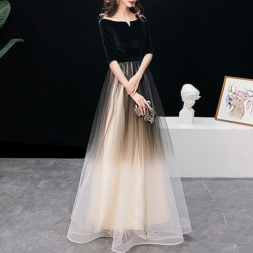 

A-Line Elegant Gradient Prom Formal Evening Dress Jewel Neck Half Sleeve Floor Length Tulle with Sleek 2022