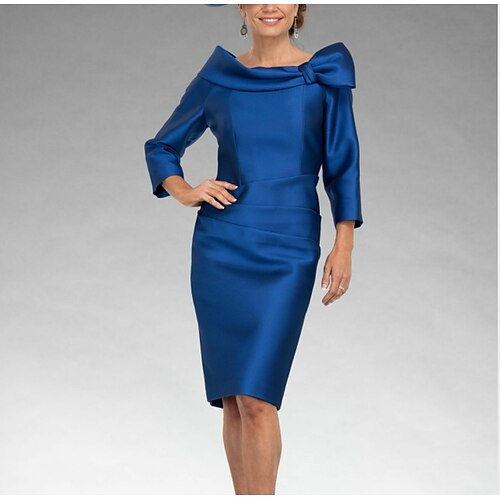 Sheath / Column Mother of the Bride Dress Elegant Jewel Neck Knee Length Satin 3/4 Length Sleeve with Bow(s) Ruching 2022
Sheath / Column Mother of the Bride Dress Elegant Jewel Neck Knee Length Satin 3/4 Length Sleeve with Bow(s) Ruching 2022