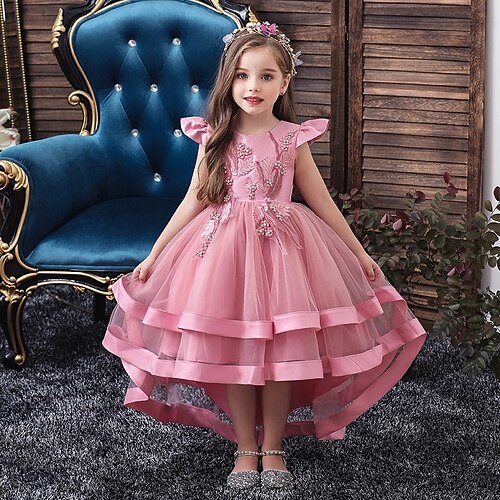 

Kids Little Girls' Dress Solid Colored Layered Dress Wedding Party Beaded Embroidered Layered Blushing Pink Wine Khaki Asymmetrical Short Sleeve Active Sweet Dresses New Year Slim 3-12 Years