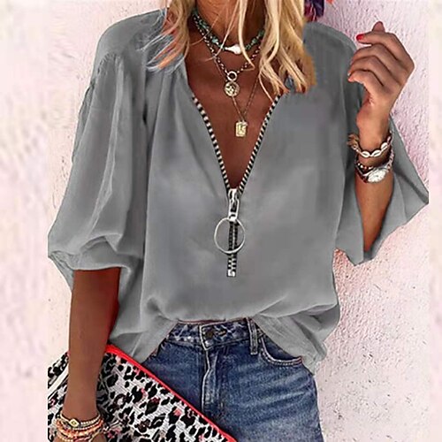 Women's Daily Blouse Plain 3/4 Length Sleeve Zipper V Neck Basic Casual Tops Loose White Black Gray S
Women's Daily Blouse Plain 3/4 Length Sleeve Zipper V Neck Basic Casual Tops Loose White Black Gray S