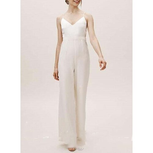 Jumpsuits Wedding Dresses V Neck Spaghetti Strap Floor Length Charmeuse Long Sleeve Simple with 2022
Jumpsuits Wedding Dresses V Neck Spaghetti Strap Floor Length Charmeuse Long Sleeve Simple with 2022