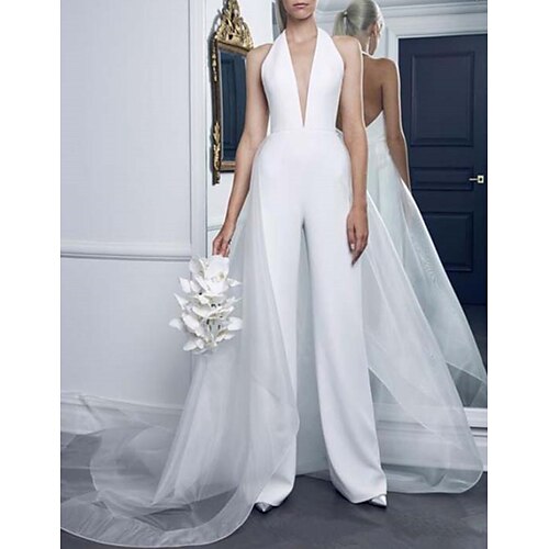 Jumpsuits Wedding Dresses V Neck Floor Length Italy Satin Sleeveless Simple with 2022
Jumpsuits Wedding Dresses V Neck Floor Length Italy Satin Sleeveless Simple with 2022