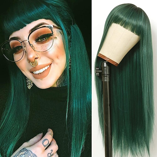 

Ombre Green Wig with Bangs Long Straight Wigs With Bangs 2 Tone Dark Roots Mixed Color Green Wigs Cosplay Heat Resistant Wig For Women Synthetic 24 Inches ChristmasPartyWigs