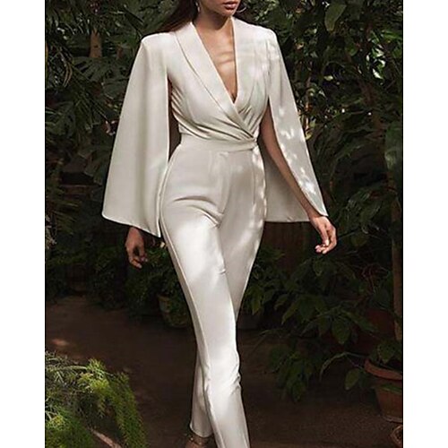 

Jumpsuits Wedding Dresses V Neck Floor Length Stretch Fabric Long Sleeve Simple Sexy Cocktail Modern Party with Split Front 2022