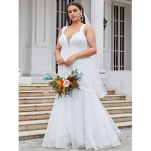 Mermaid / Trumpet Wedding Dresses V Neck Floor Length Chiffon Lace Tulle Sleeveless Romantic Casual with Lace Pick Up Skirt Pleats 2022
Mermaid / Trumpet Wedding Dresses V Neck Floor Length Chiffon Lace Tulle Sleeveless Romantic Casual with Lace Pick Up Skirt Pleats 2022