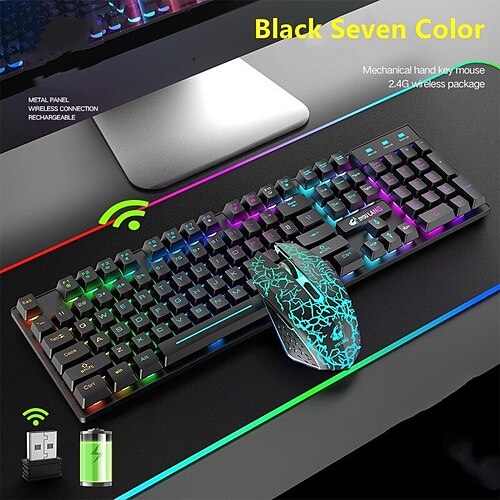 

Wireless Gaming Keyboard and Mouse Combo with Rainbow LED Backlit Rechargeable 3800mAh Battery Mechanical Feel 7 Color Gaming Mouse,2400DPI Mouse Pad for Windows PC Gamers