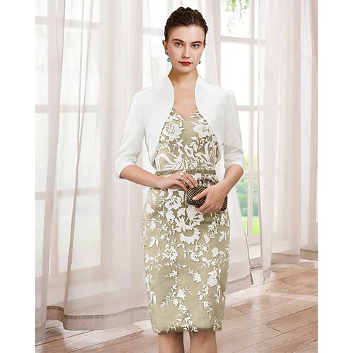Two Piece Sheath / Column Mother of the Bride Dress Elegant V Neck Knee Length Lace Stretch Fabric 3/4 Length Sleeve with Appliques 2022
Two Piece Sheath / Column Mother of the Bride Dress Elegant V Neck Knee Length Lace Stretch Fabric 3/4 Length Sleeve with Appliques 2022