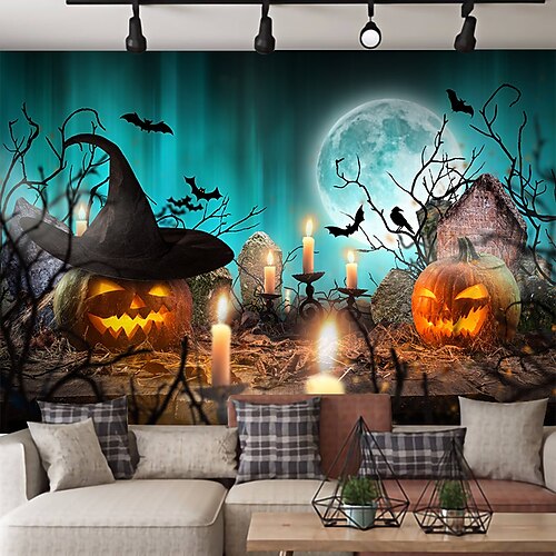 

Halloween Wall Tapestry Art Decor Blanket Curtain Hanging Home Bedroom Living Room Decoration Psychedelic Haunted Scary Pumpkin Skull Skeleton Bat Castle Grim Reaper Polyester