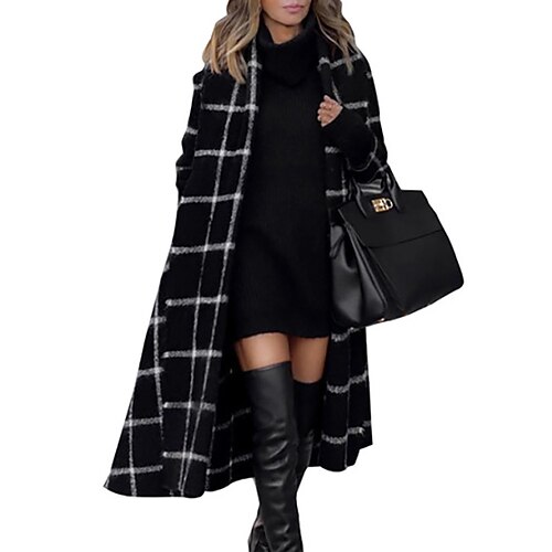 

Women's Winter Coat Street Daily Going out Winter Fall Long Coat Regular Fit Warm Breathable Casual Jacket Long Sleeve Plaid / Check Print Black
