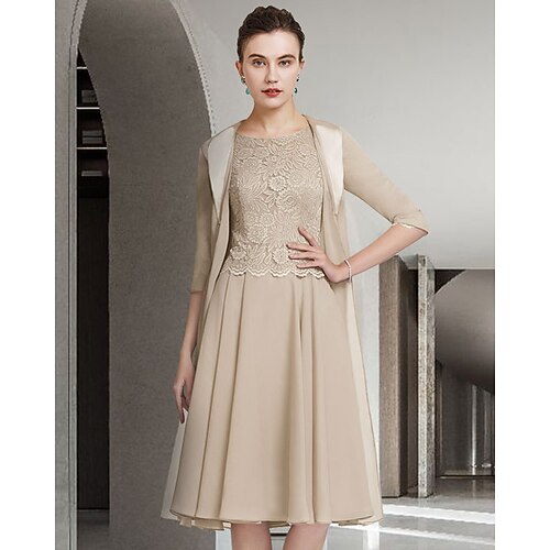 Two Piece A-Line Mother of the Bride Dress Elegant Jewel Neck Knee Length Chiffon Lace Half Sleeve with Pleats Appliques 2022
Two Piece A-Line Mother of the Bride Dress Elegant Jewel Neck Knee Length Chiffon Lace Half Sleeve with Pleats Appliques 2022