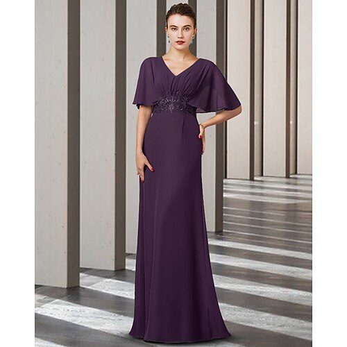 Sheath / Column Mother of the Bride Dress Elegant V Neck Floor Length Chiffon Short Sleeve with Lace Sash / Ribbon Ruching 2022
Sheath / Column Mother of the Bride Dress Elegant V Neck Floor Length Chiffon Short Sleeve with Lace Sash / Ribbon Ruching 2022