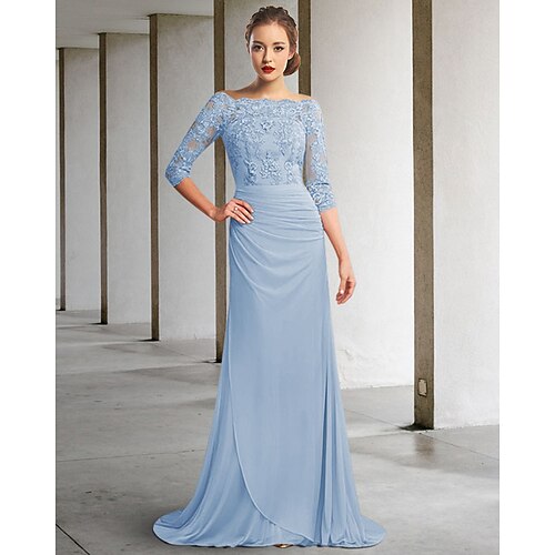 Sheath / Column Mother of the Bride Dress Elegant Off Shoulder Sweep / Brush Train Chiffon Lace Half Sleeve with Appliques 2022
Sheath / Column Mother of the Bride Dress Elegant Off Shoulder Sweep / Brush Train Chiffon Lace Half Sleeve with Appliques 2022