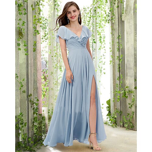 A-Line Bridesmaid Dress V Neck Short Sleeve Elegant Floor Length Chiffon with Pleats / Ruffles / Split Front 2022
A-Line Bridesmaid Dress V Neck Short Sleeve Elegant Floor Length Chiffon with Pleats / Ruffles / Split Front 2022