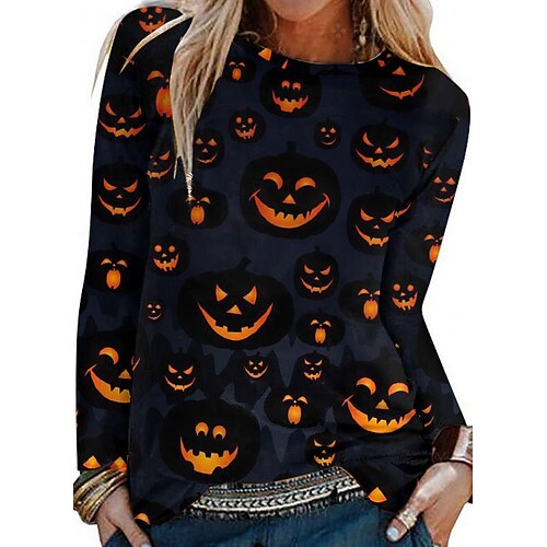 Women's T shirt Tee Black Graphic Pumpkin Print Long Sleeve Halloween Weekend Basic Halloween Round Neck Regular Abstract Painting S
Women's T shirt Tee Black Graphic Pumpkin Print Long Sleeve Halloween Weekend Basic Halloween Round Neck Regular Abstract Painting S