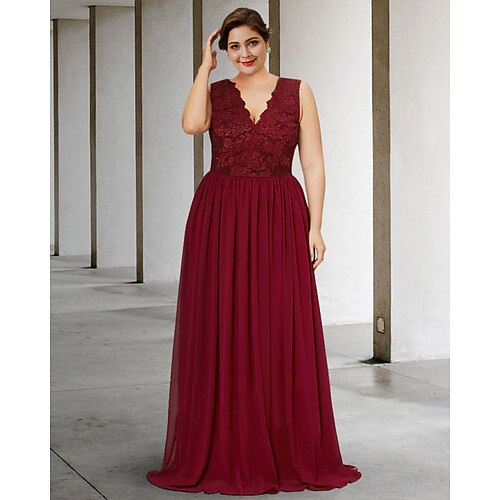 A-Line Mother of the Bride Dress Plus Size Elegant V Neck Sweep / Brush Train Chiffon Lace Sleeveless with Pleats Appliques 2022
A-Line Mother of the Bride Dress Plus Size Elegant V Neck Sweep / Brush Train Chiffon Lace Sleeveless with Pleats Appliques 2022