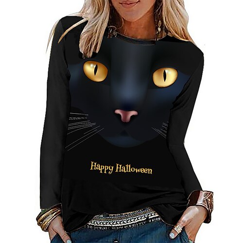 Women's T shirt Tee Black Animal Cat Print Long Sleeve Halloween Weekend Basic Halloween Round Neck Regular 3D Cat Painting S
Women's T shirt Tee Black Animal Cat Print Long Sleeve Halloween Weekend Basic Halloween Round Neck Regular 3D Cat Painting S