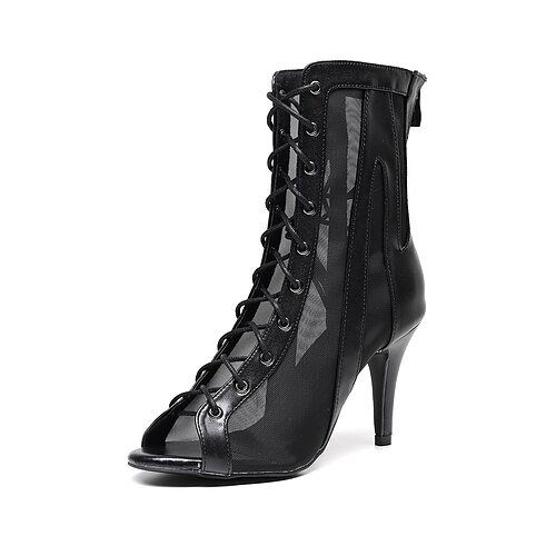

Women's Dance Boots Tango Shoes Party Training Performance Lace Up Sandals Strappy Sandals Heel Lace-up Splicing Tulle Slim High Heel Peep Toe Zipper Adults Adults' Black