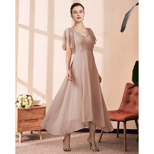 A-Line Mother of the Bride Dress Elegant V Neck Ankle Length Chiffon Lace Short Sleeve with Pleats Appliques 2022
A-Line Mother of the Bride Dress Elegant V Neck Ankle Length Chiffon Lace Short Sleeve with Pleats Appliques 2022
