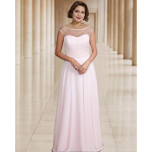 

A-Line Mother of the Bride Dress Plus Size Elegant Jewel Neck Floor Length Chiffon Tulle Sleeveless with Sash / Ribbon Pleats Beading 2022