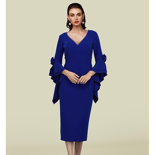 Sheath / Column Mother of the Bride Dress Elegant V Neck Knee Length Stretch Fabric 3/4 Length Sleeve with Beading Ruffles Flower 2022
Sheath / Column Mother of the Bride Dress Elegant V Neck Knee Length Stretch Fabric 3/4 Length Sleeve with Beading Ruffles Flower 2022