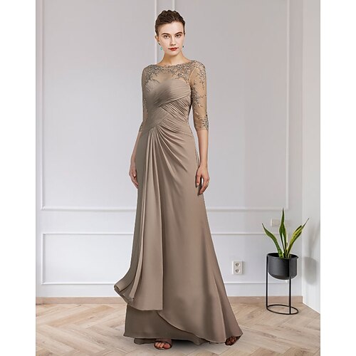

A-Line Mother of the Bride Dress Elegant Jewel Neck Floor Length Chiffon Lace Half Sleeve with Appliques Ruching 2022